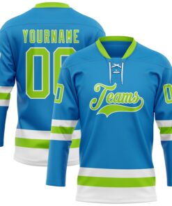 Custom Blue Neon Green-White Hockey Lace Neck Jersey