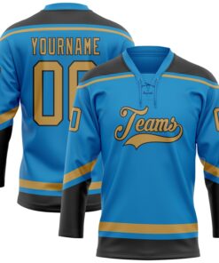 Custom Blue Old Gold-Black Hockey Lace Neck Jersey