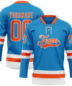 Custom Blue Orange-White Hockey Lace Neck Jersey