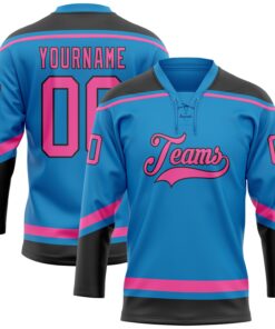 Custom Blue Pink-Black Hockey Lace Neck Jersey