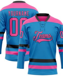 Custom Blue Pink-Black Hockey Lace Neck Jersey