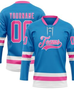 Custom Blue Pink-White Hockey Lace Neck Jersey