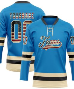 Custom Blue Vintage USA Flag Cream-Black Hockey Lace Neck Jersey