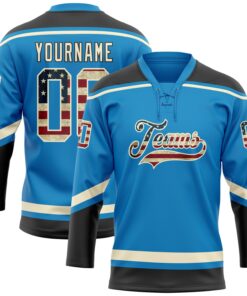 Custom Blue Vintage USA Flag Cream-Black Hockey Lace Neck Jersey