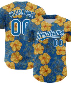 Custom Blue White 3D Tropical Hawaii Flower Authentic Baseball Jersey