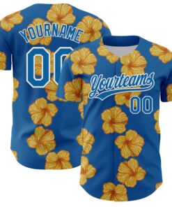 Custom Blue White 3D Tropical Hawaii Flower Authentic Baseball Jersey