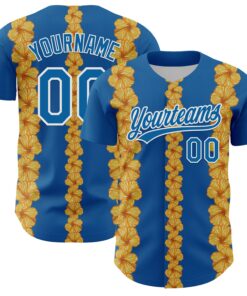 Custom Blue White 3D Tropical Hawaii Flower Authentic Baseball Jersey