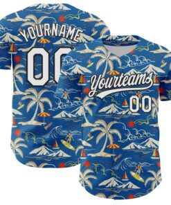 Custom Blue White-Black 3D Tropical Beach Island Hawaii Palm Tree Authentic Baseball Jersey