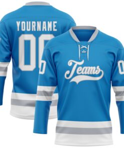 Custom Blue White-Gray Hockey Lace Neck Jersey