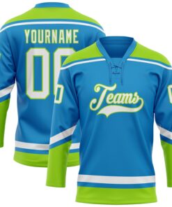 Custom Blue White-Neon Green Hockey Lace Neck Jersey