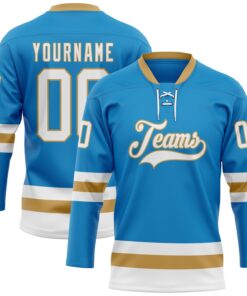 Custom Blue White-Old Gold Hockey Lace Neck Jersey