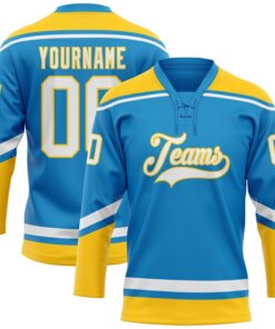 Custom Blue White-Yellow Hockey Lace Neck Jersey