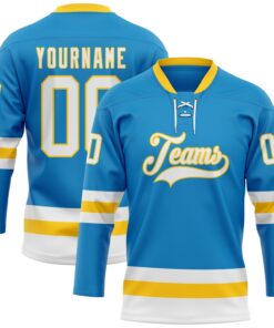 Custom Blue White-Yellow Hockey Lace Neck Jersey