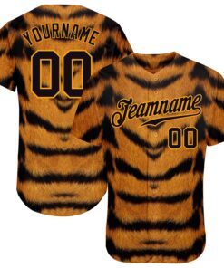 Custom Brown Black-Gold 3D Pattern Design Tiger Authentic Baseball Jersey
