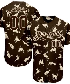 Custom Brown Cream 3D Pattern Design Cat Authentic Baseball Jersey