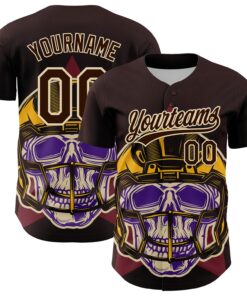 Custom Brown Cream 3D Pattern Design Football Skull Helmet Authentic Baseball Jersey
