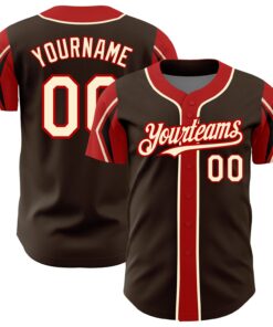 Custom Brown Cream-Red 3 Colors Arm Shapes Authentic Baseball Jersey