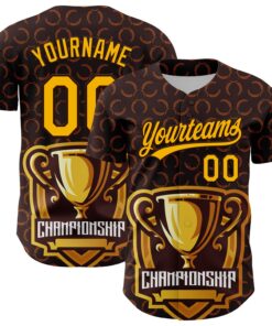 Custom Brown Gold 3D Pattern Design Champion Trophy Authentic Baseball Jersey