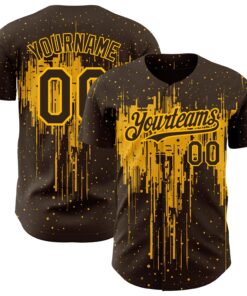 Custom Brown Gold 3D Pattern Design Dripping Splatter Art Authentic Baseball Jersey