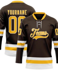 Custom Brown Gold-White Hockey Lace Neck Jersey