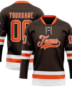 Custom Brown Orange-White Hockey Lace Neck Jersey