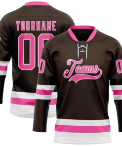 Custom Brown Pink-White Hockey Lace Neck Jersey
