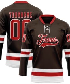Custom Brown Red-White Hockey Lace Neck Jersey