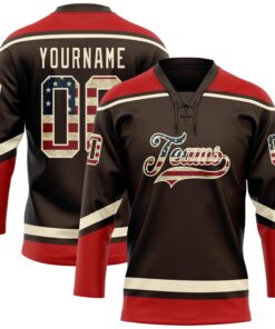 Custom Brown Vintage USA Flag Cream-Red Hockey Lace Neck Jersey