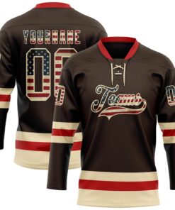 Custom Brown Vintage USA Flag Cream-Red Hockey Lace Neck Jersey