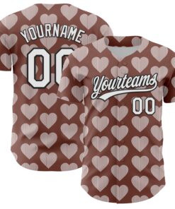 Custom Brown White-Black 3D Love Heart Valentine's Day Authentic Baseball Jersey