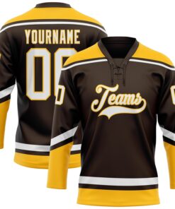 Custom Brown White-Gold Hockey Lace Neck Jersey