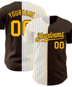 Custom Brown White-Gold Pinstripe Authentic Split Fashion Baseball Jersey