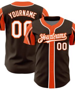 Custom Brown White-Orange 3 Colors Arm Shapes Authentic Baseball Jersey