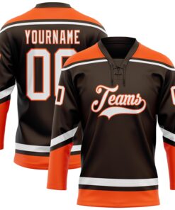 Custom Brown White-Orange Hockey Lace Neck Jersey