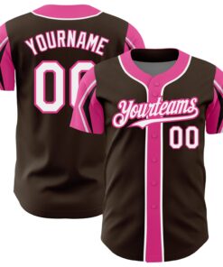 Custom Brown White-Pink 3 Colors Arm Shapes Authentic Baseball Jersey