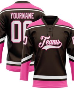 Custom Brown White-Pink Hockey Lace Neck Jersey