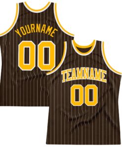 Custom Brown White Pinstripe Gold Authentic Basketball Jersey