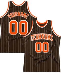 Custom Brown White Pinstripe Orange Authentic Basketball Jersey