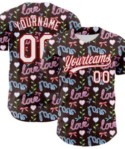 Custom Brown White-Red 3D Pattern Design Mother's Day Love Authentic Baseball Jersey