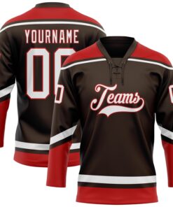 Custom Brown White-Red Hockey Lace Neck Jersey