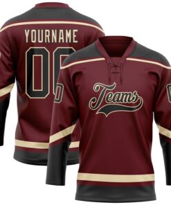 Custom Burgundy Black-City Cream Hockey Lace Neck Jersey