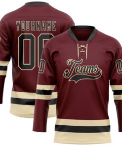 Custom Burgundy Black-Cream Hockey Lace Neck Jersey
