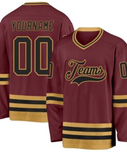 Custom Burgundy Black-Old Gold Hockey Jersey