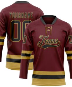 Custom Burgundy Black-Old Gold Hockey Lace Neck Jersey