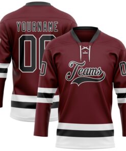 Custom Burgundy Black-White Hockey Lace Neck Jersey