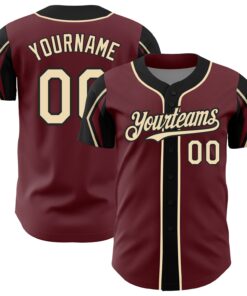 Custom Burgundy City Cream-Black 3 Colors Arm Shapes Authentic Baseball Jersey