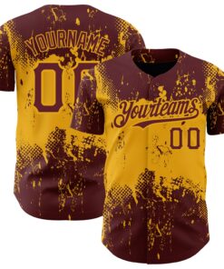 Custom Burgundy Gold 3D Pattern Design Abstract Splatter Grunge Art Authentic Baseball Jersey