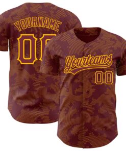 Custom Burgundy Gold 3D Pattern Design Curve Lines Authentic Baseball Jersey