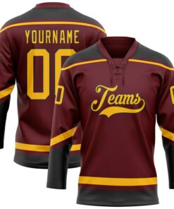 Custom Burgundy Gold-Black Hockey Lace Neck Jersey