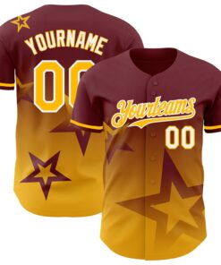 Custom Burgundy Gold-White 3D Pattern Design Gradient Style Twinkle Star Authentic Baseball Jersey
